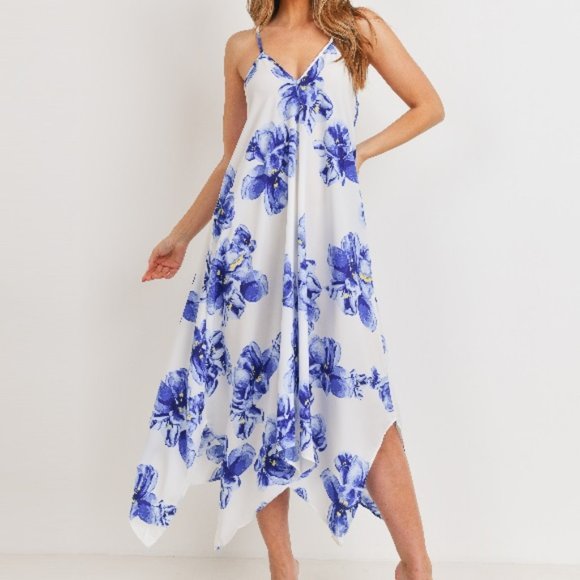 Dresses & Skirts - Floral Print Handkerchief Hem Maxi Dress Blue